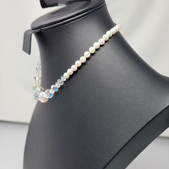 Vintage 50s AB Crystals Faux Pearl Choker Necklace Clear Aurora Borealis Japan - Picture 8 of 11